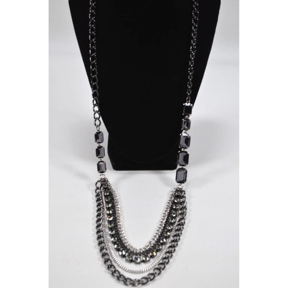 Dark Silver Tone Multi Strand Layer Necklace w/ Clear‎ Rhinestone Accent 35.5
